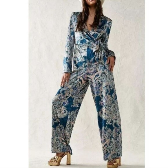 Free People Blue Delphine Velvet Long Sleeve Jumpsuit - Picture 1 of 8